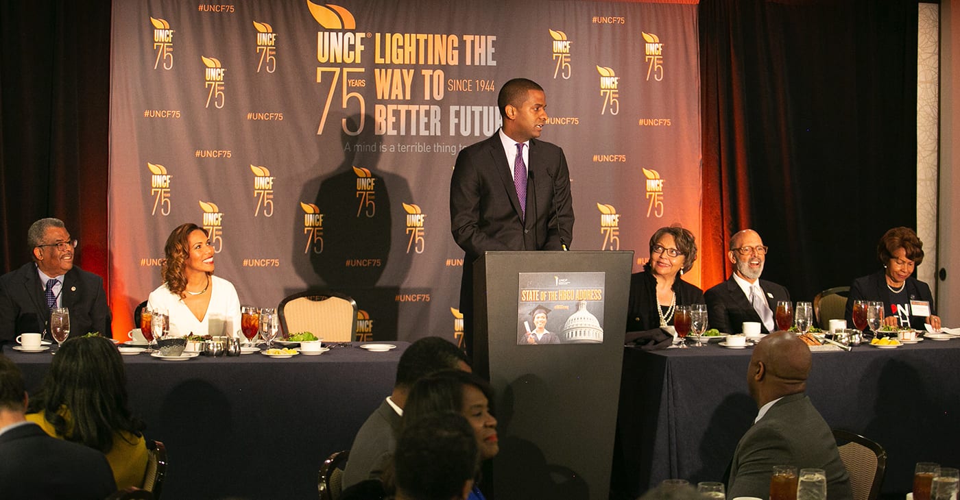 Pictured from left to right: Rev. Dr. Bernard L. Richardson, Dean of Rankin Memorial Chapel Howard University; Dr. Roslyn Clark Artis, President of Benedict College; attorney and CNN political analyst Bakari Sellers (standing); Dr. Beverly Wade Hogan, President of Tougoloo College; UNCF President and CEO Dr. Michael L. Lomax; Bennett College President Dr. Phyllis Worthy Dawkins; (Photos by Mark Mahoney / Dream in Color Photography for NNPA)