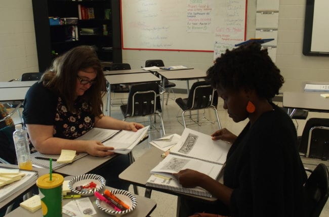 MIddle school social studies teachers Zan Brennan and Chloe Smuk discuss the new state standards during their lunch break at a teacher training held at Arlington High School in June.