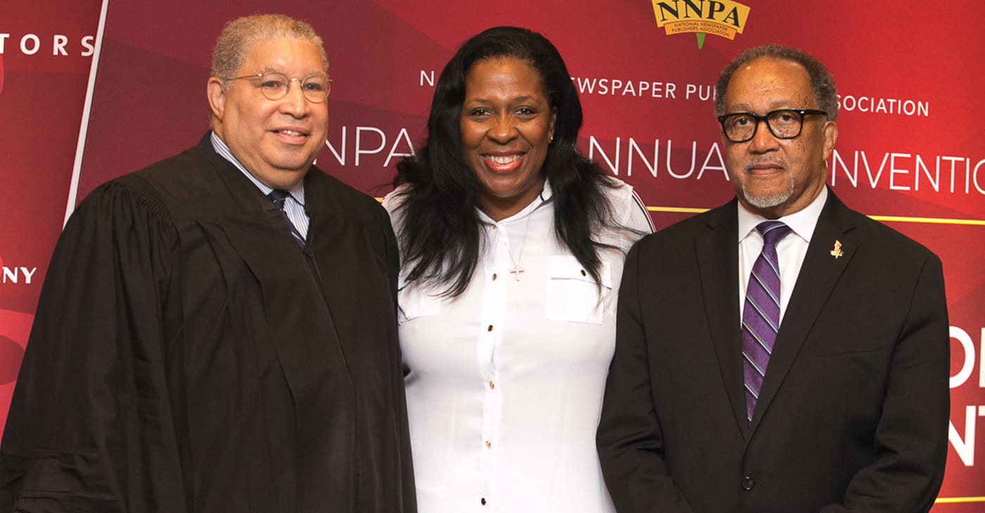 “We are the Black Press of America, the National Newspaper Publishers Association, so when I ask are you down with O.B.P., I am talking about letting people know that we are the Original Black Press, and we aren’t going anywhere,” said newly Elected NNPA Chair, Karen Cater Richards, publisher of the Houston Forward Times. (pictured left to right: Judge Tyrone K.Yates, who officiated the swearing in of officers; Karen Carter Richards, NNPA Chair and publisher of the Houston Forward Times; and Dr. Benjamin F. Chavis, Jr., NNPA President and CEO)